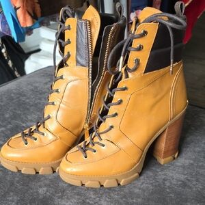 Michael Kors Camel and Dark Brown Lace-Up Heeled Boots